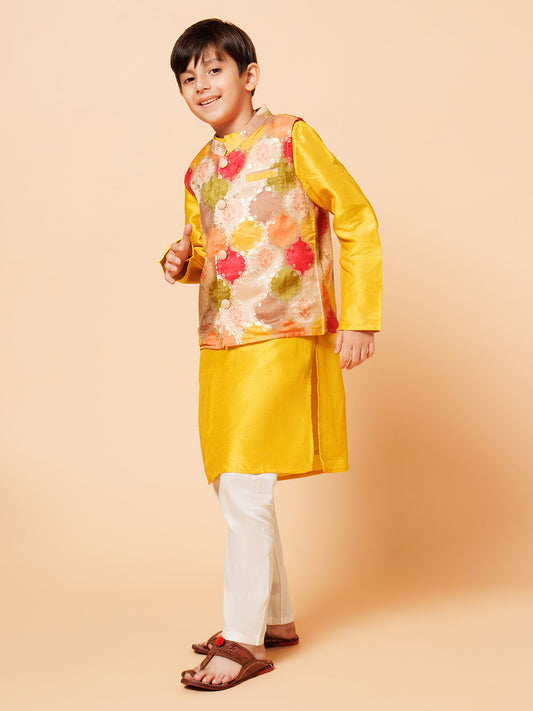 Piccolo Boys Yellow Kurta Pyjama with silk Jacket set