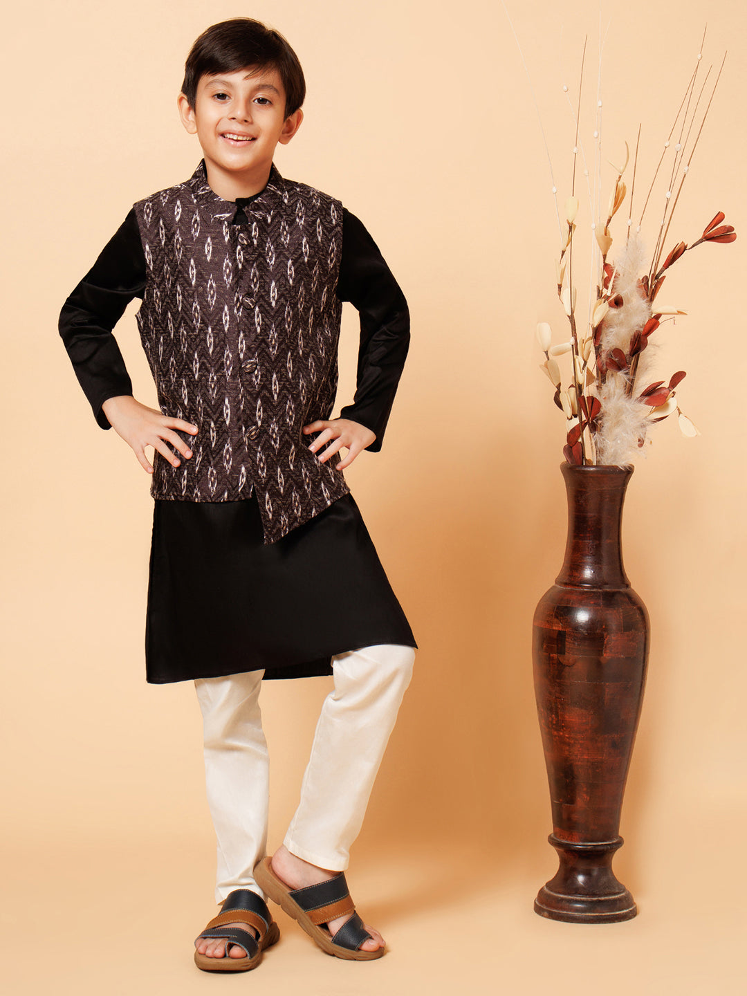 Piccolo Boys Black Kurta Pyjama with Black Printed Jacket set