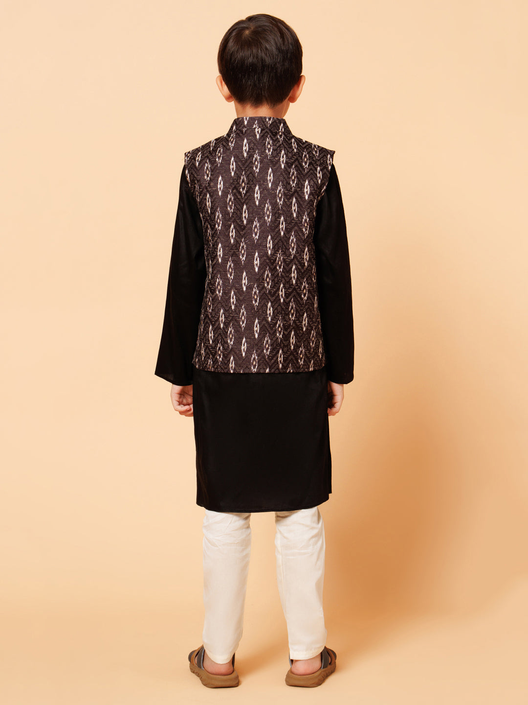 Piccolo Boys Black Kurta Pyjama with Black Printed Jacket set