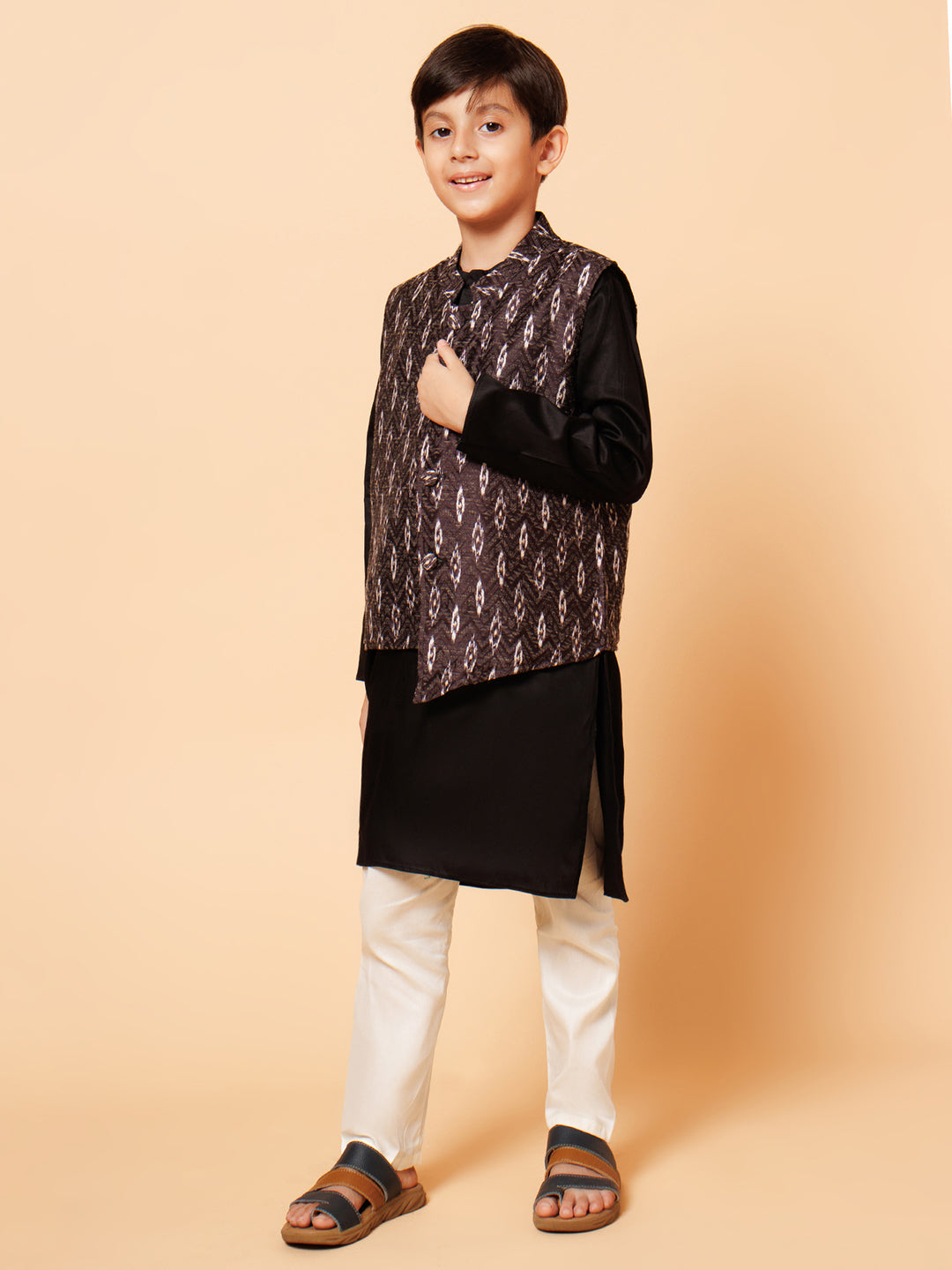 Piccolo Boys Black Kurta Pyjama with Black Printed Jacket set