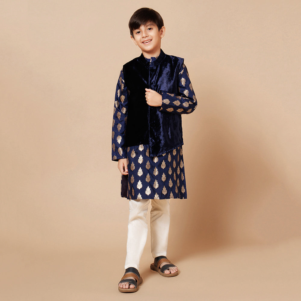 Piccolo Boys Blue Printed Kurta Pyjama with Velvet Jacket set