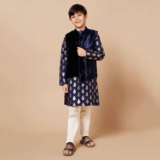 Piccolo Boys Blue Printed Kurta Pyjama with Velvet Jacket set