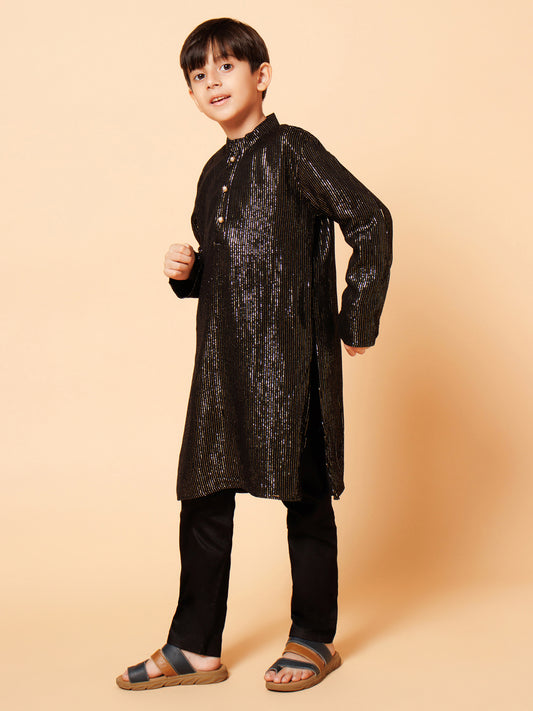 Piccolo Boys Black Golden Zari lining Kurta Pyjama set