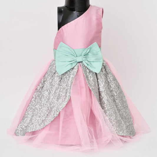 Pink Bow Applique Sequin One Shoulder Dress