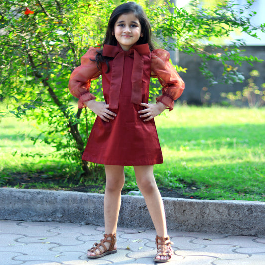 Maroon Bow Applique Full Sleeve Dress