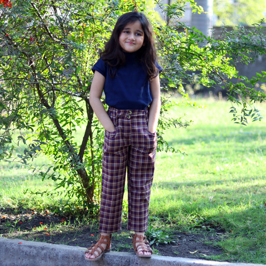 Brown Checks Half Sleeve Top And Pant Set