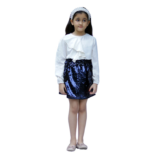 Navy Sequin Skirt With Off White Ruffle Top