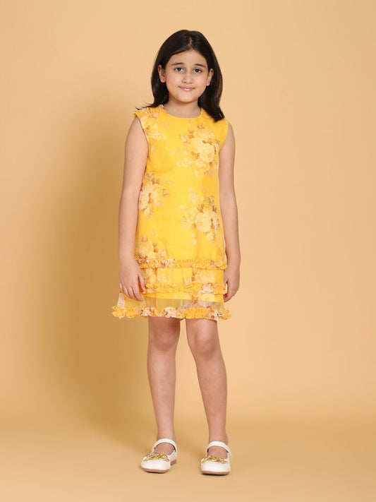 Yellow Floral Print Organza Dress-