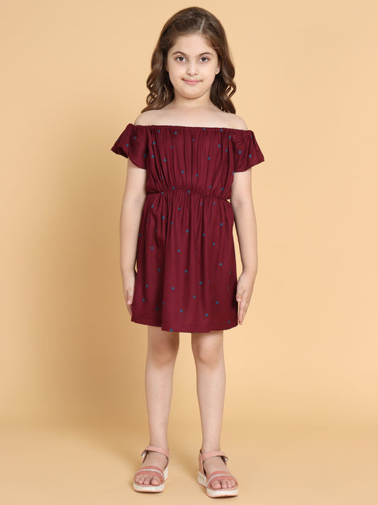 Piccolo - Maroon with Blue Dots Off Shoulder Dress