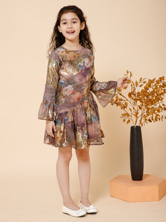 Piccolo-Assymetric Waist, Flounced sleeve Dress-Multi