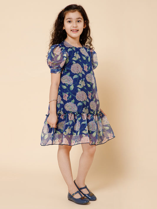 Piccolo-Floral Dres With Gather Details-Blue