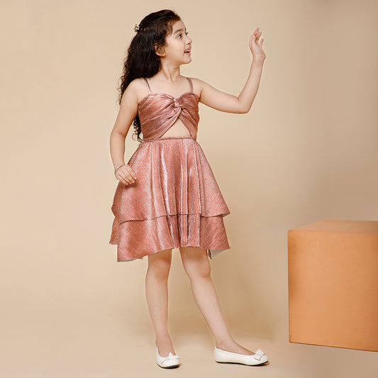 Piccolo-Twisted Front Detail, Waist Hollow Out Pleated Dress-Pink