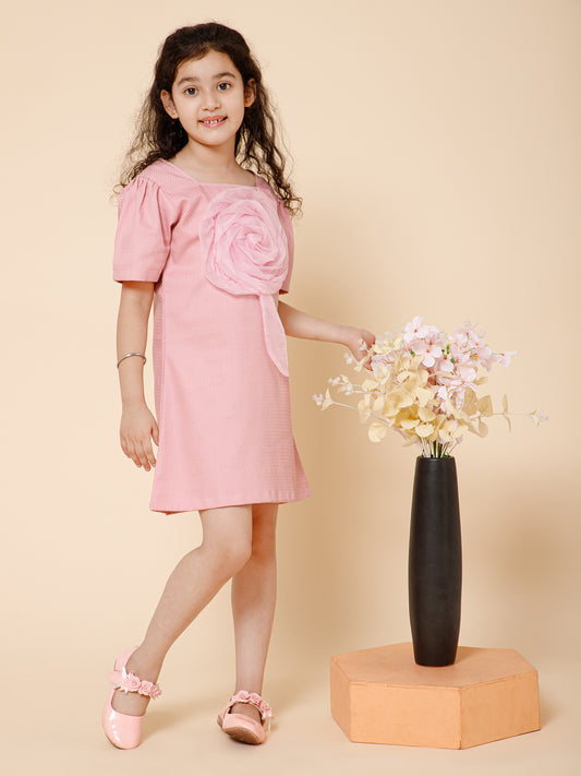 Piccolo-Square Neck Dress With Flower Detailing-Pink