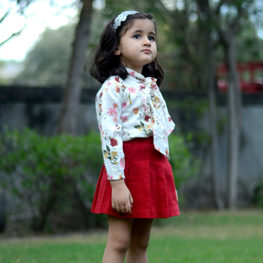 Stylish Flower Printed Top with Skirt - Red