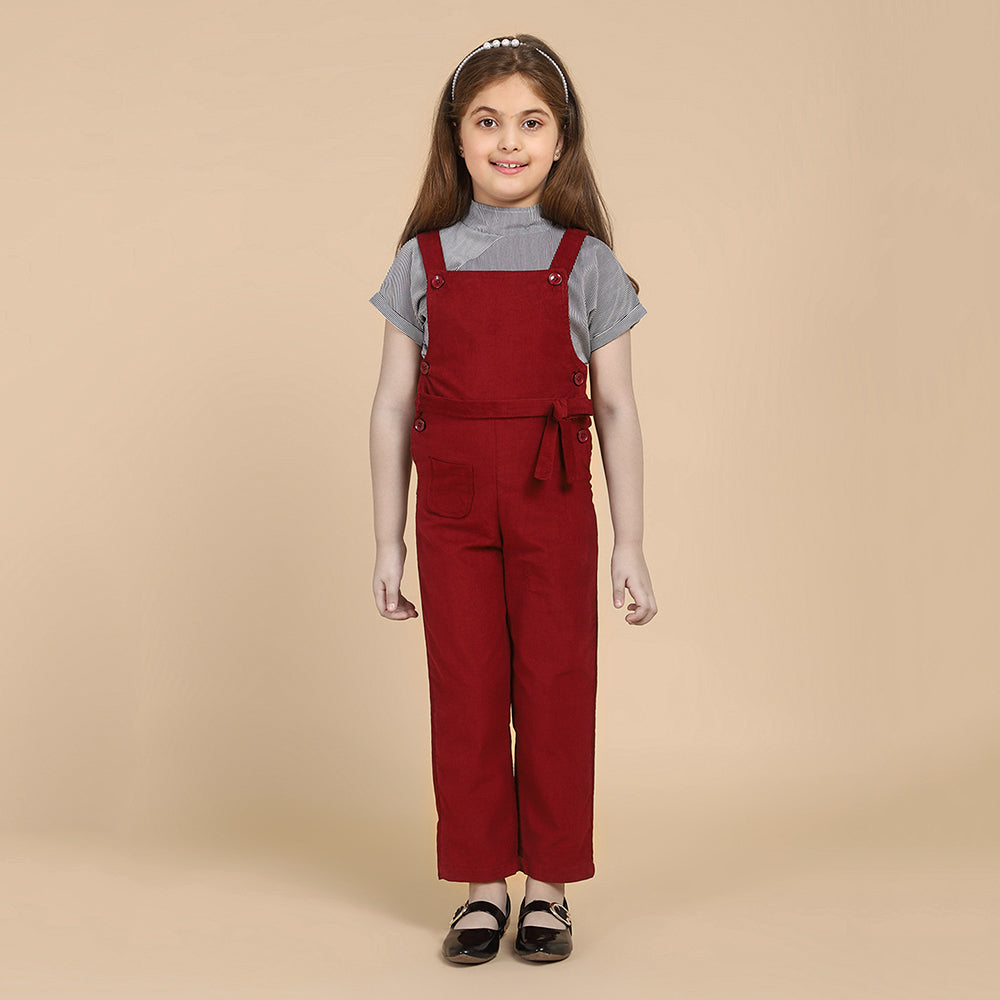 Round Neck Stripe Top and Dungaree Set – Maroon