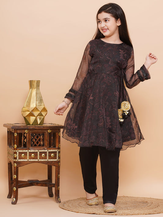 Printed Organza Anarkali Kurta and Pants with Lace Black