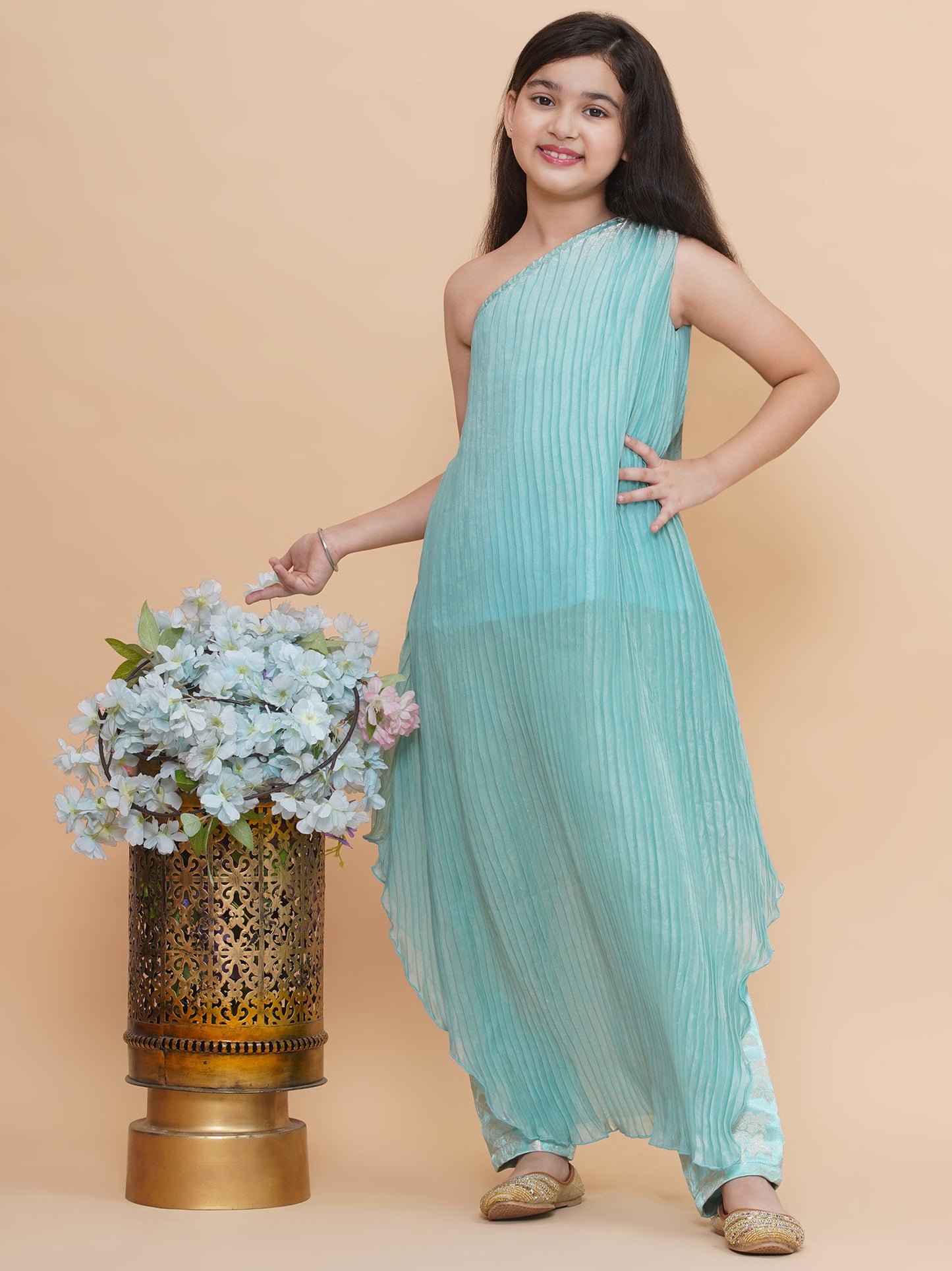 Blue Pleated One Shoulder Kurta with Silk Pant