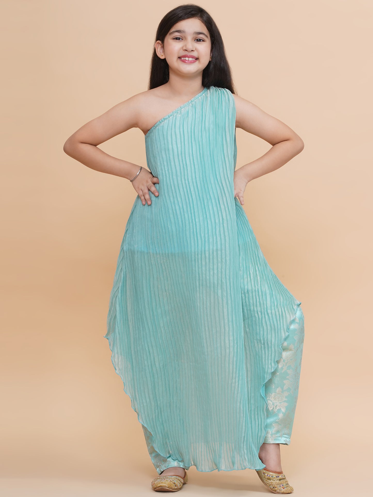 Blue Pleated One Shoulder Kurta with Silk Pant