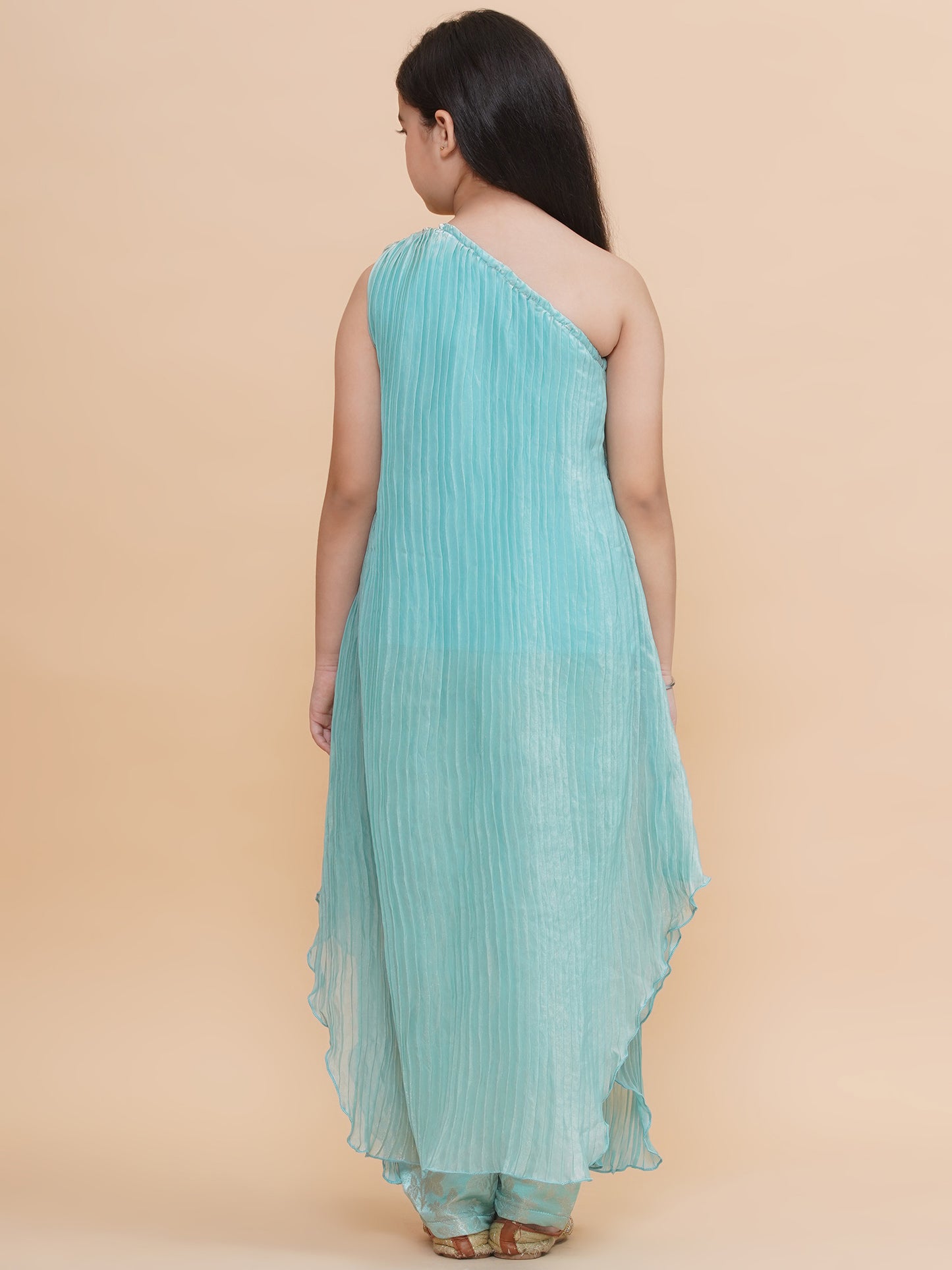 Blue Pleated One Shoulder Kurta with Silk Pant