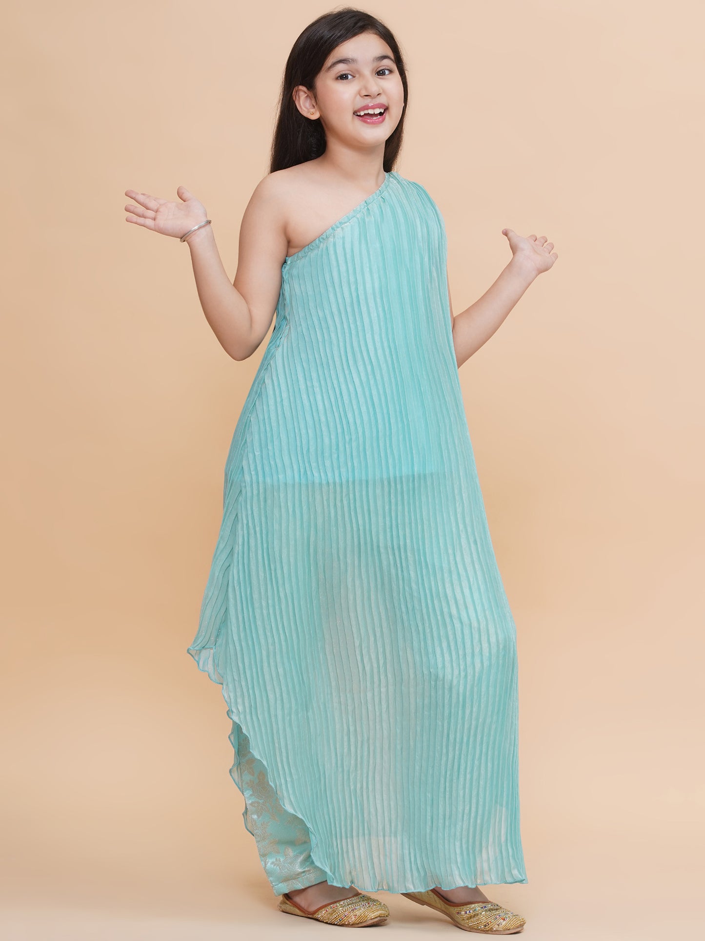 Blue Pleated One Shoulder Kurta with Silk Pant