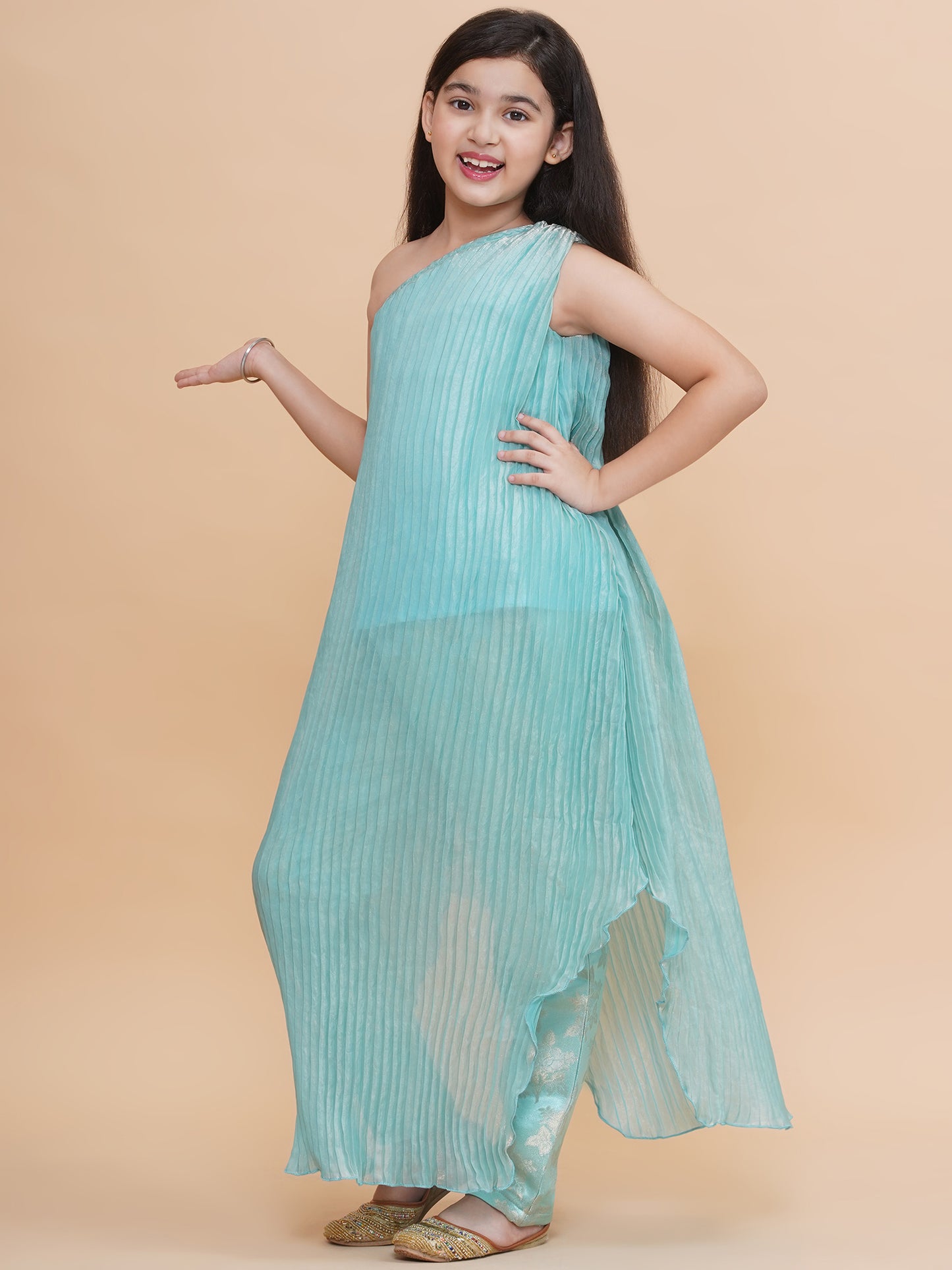 Blue Pleated One Shoulder Kurta with Silk Pant