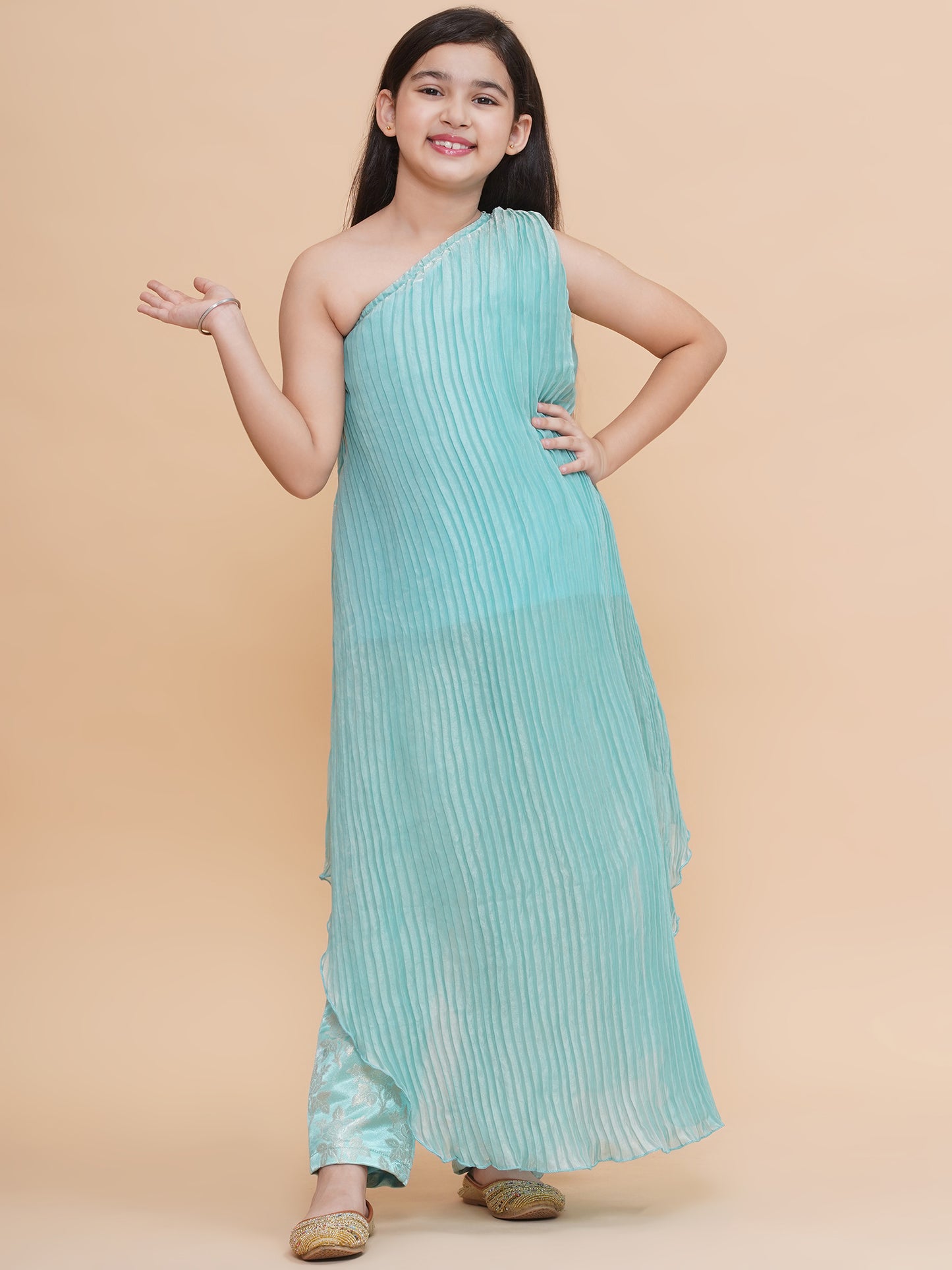 Blue Pleated One Shoulder Kurta with Silk Pant