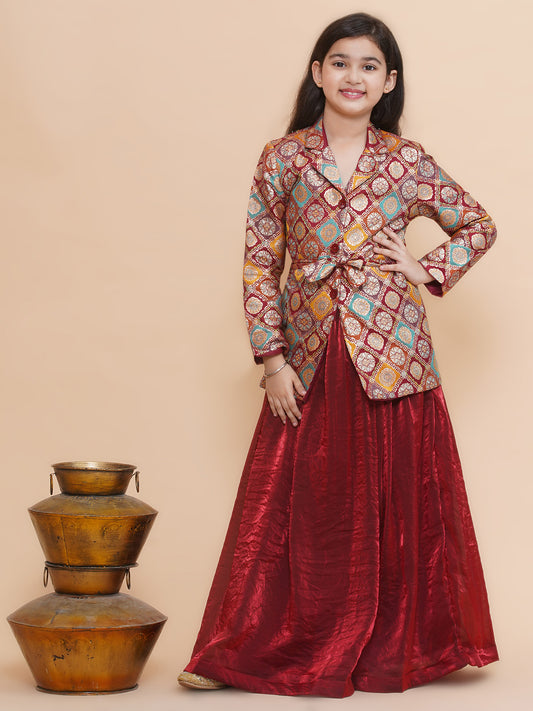 Maroon Silk Blazer and Tissue Lehenga with Belt