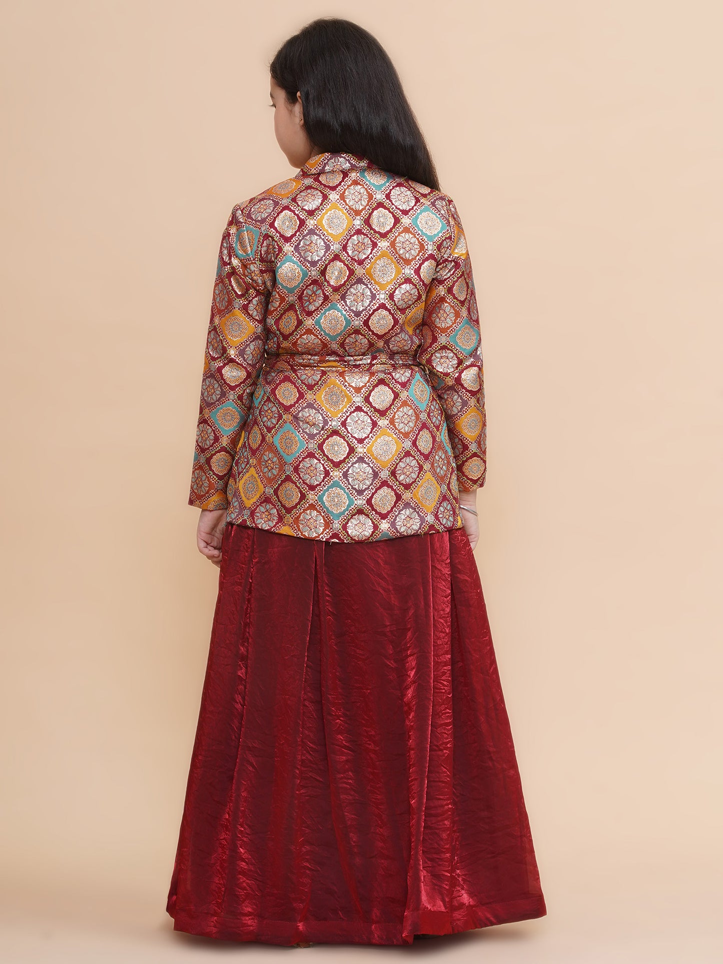 Maroon Silk Blazer and Tissue Lehenga with Belt