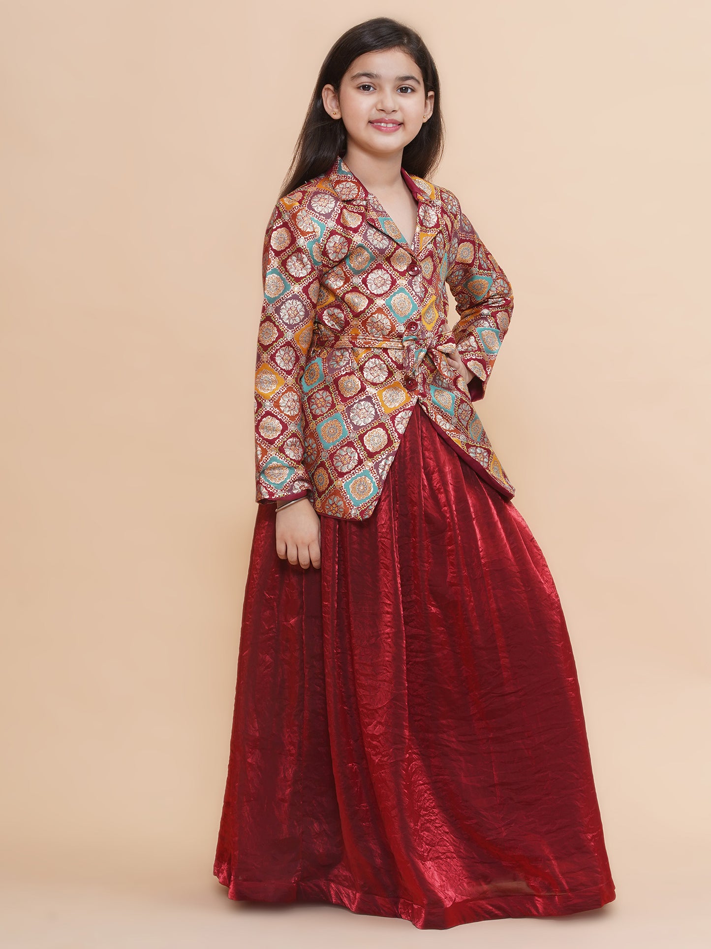 Maroon Silk Blazer and Tissue Lehenga with Belt