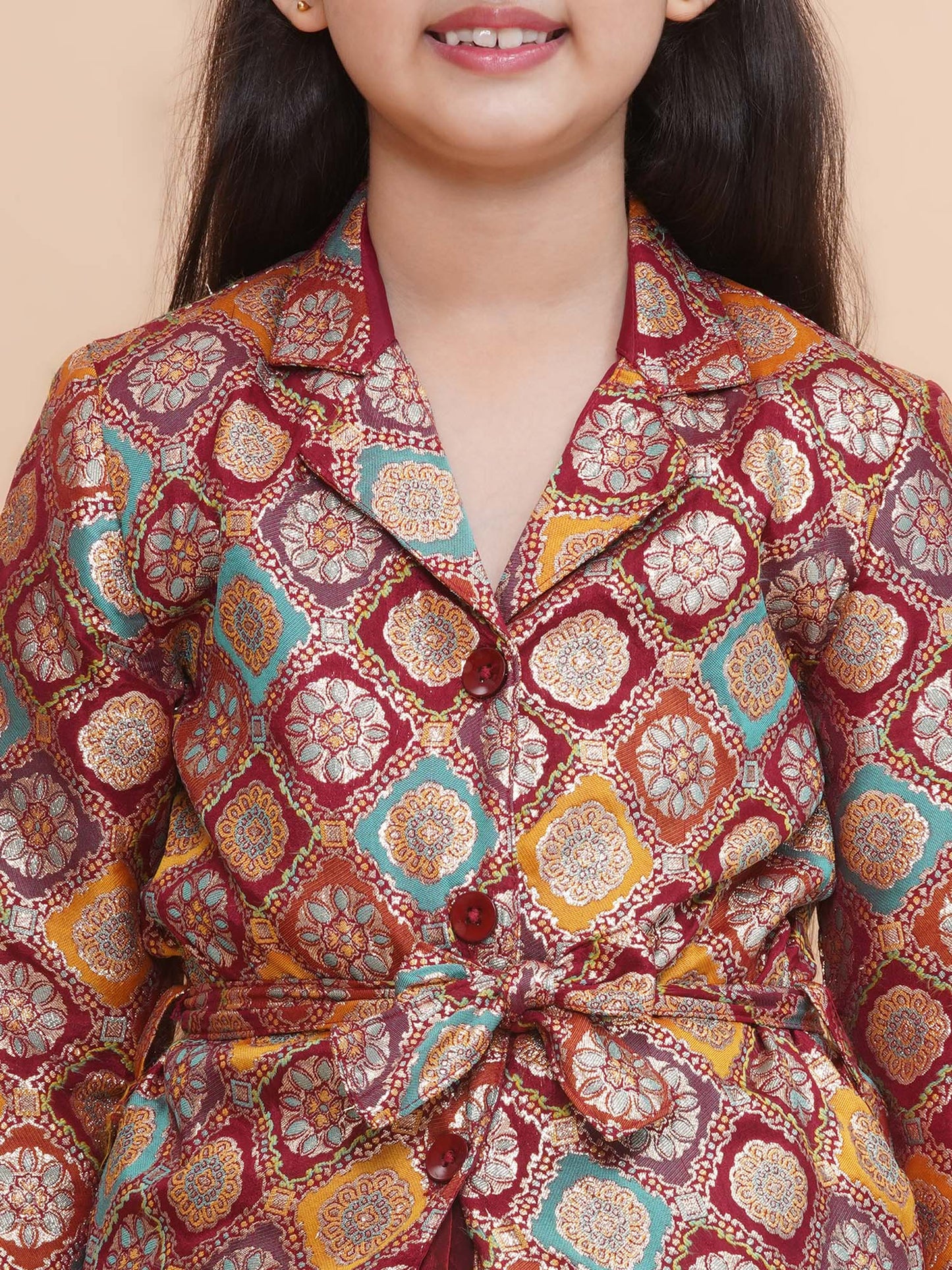 Maroon Silk Blazer and Tissue Lehenga with Belt