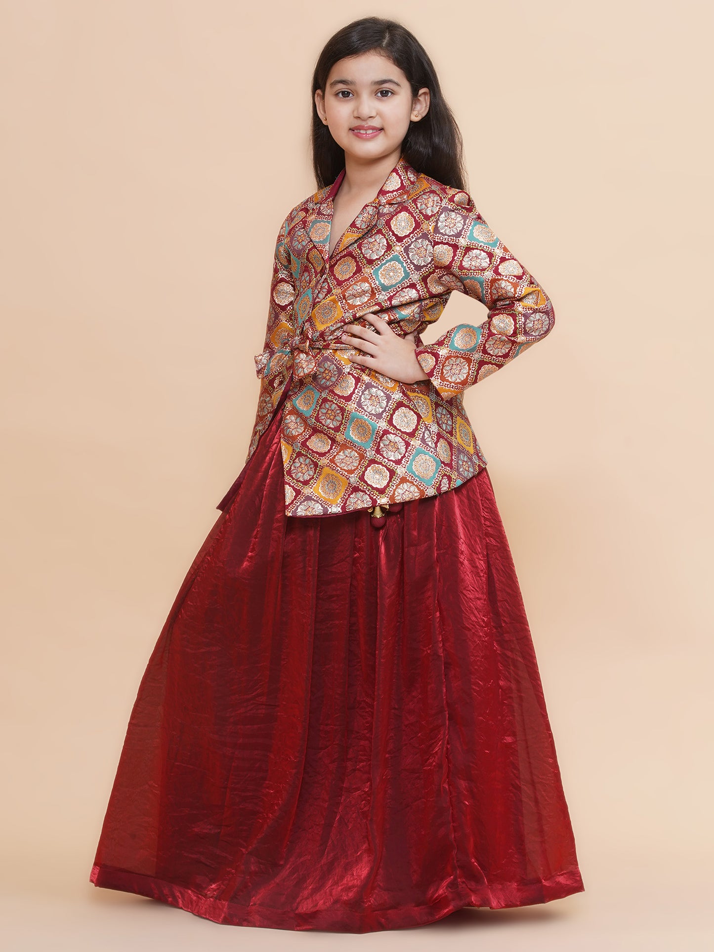 Maroon Silk Blazer and Tissue Lehenga with Belt