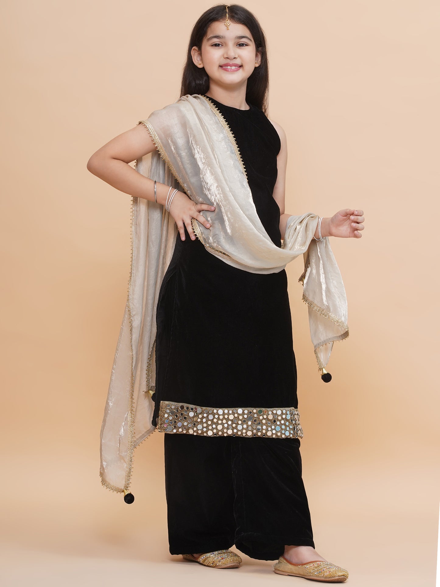 Black Velvet Kurti and Pants with Tissue Dupatta