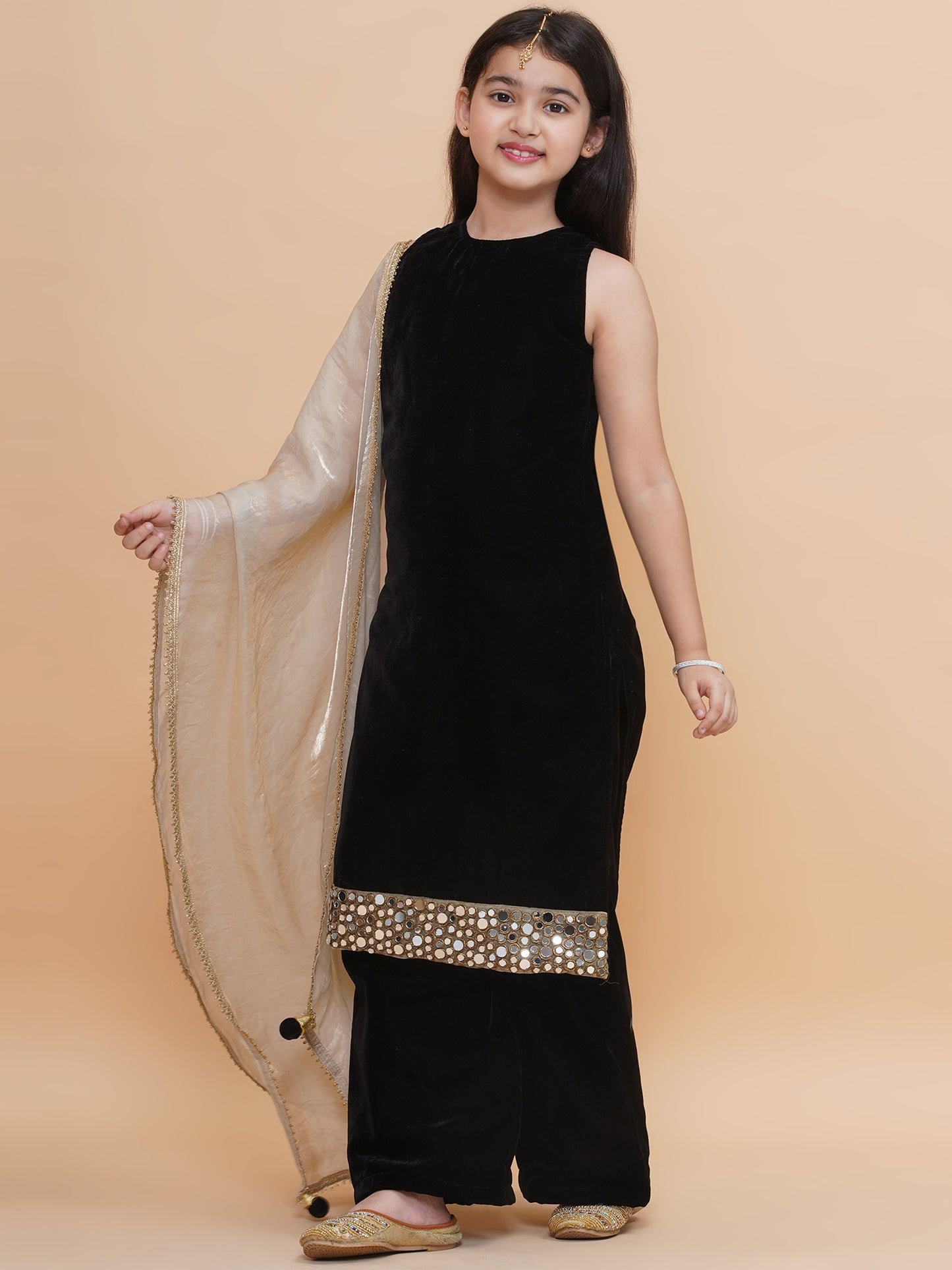 Black Velvet Kurti and Pants with Tissue Dupatta