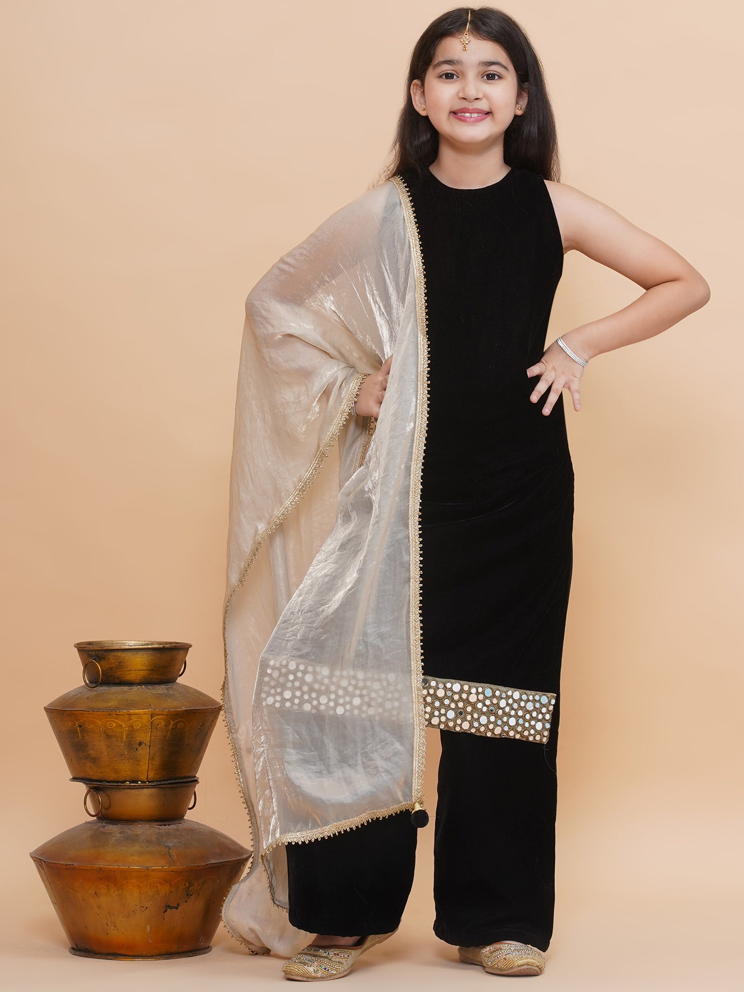 Black Velvet Kurti and Pants with Tissue Dupatta