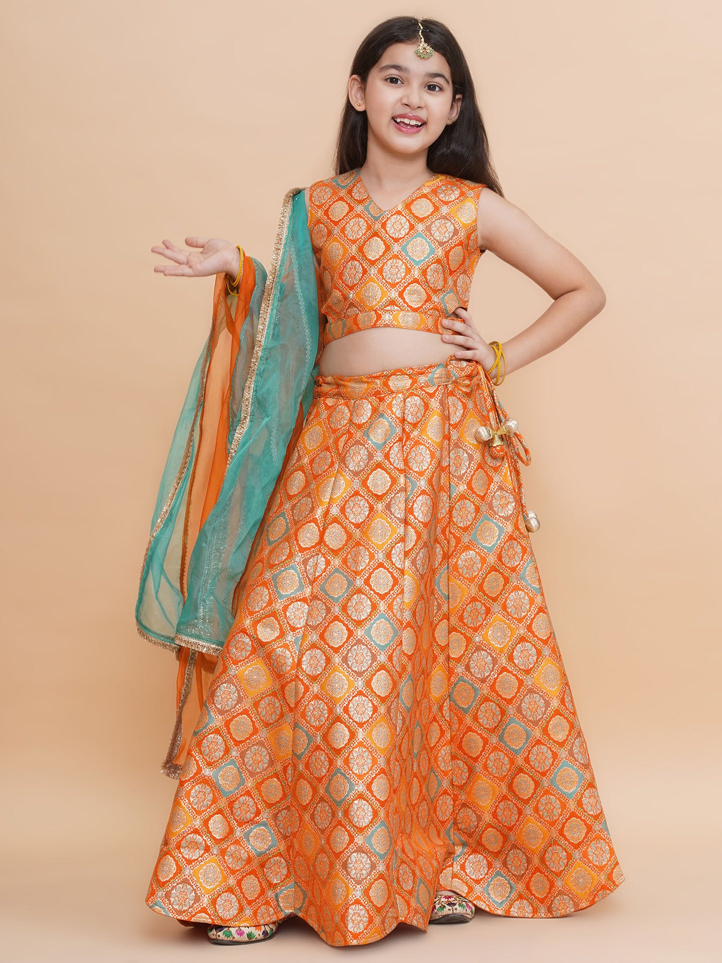 Piccolo-Silk Cut Out Blouse With Scalloped Lehenga And Organza Dupatta -Orange