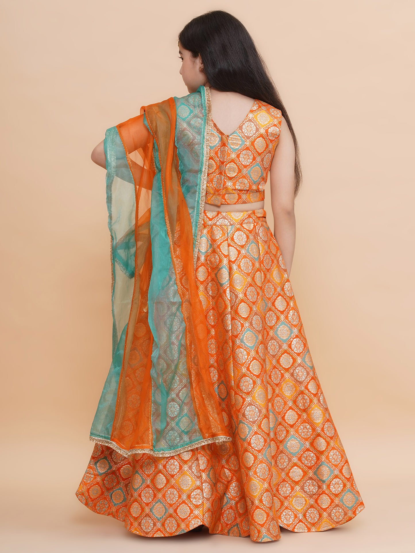 Piccolo-Silk Cut Out Blouse With Scalloped Lehenga And Organza Dupatta -Orange