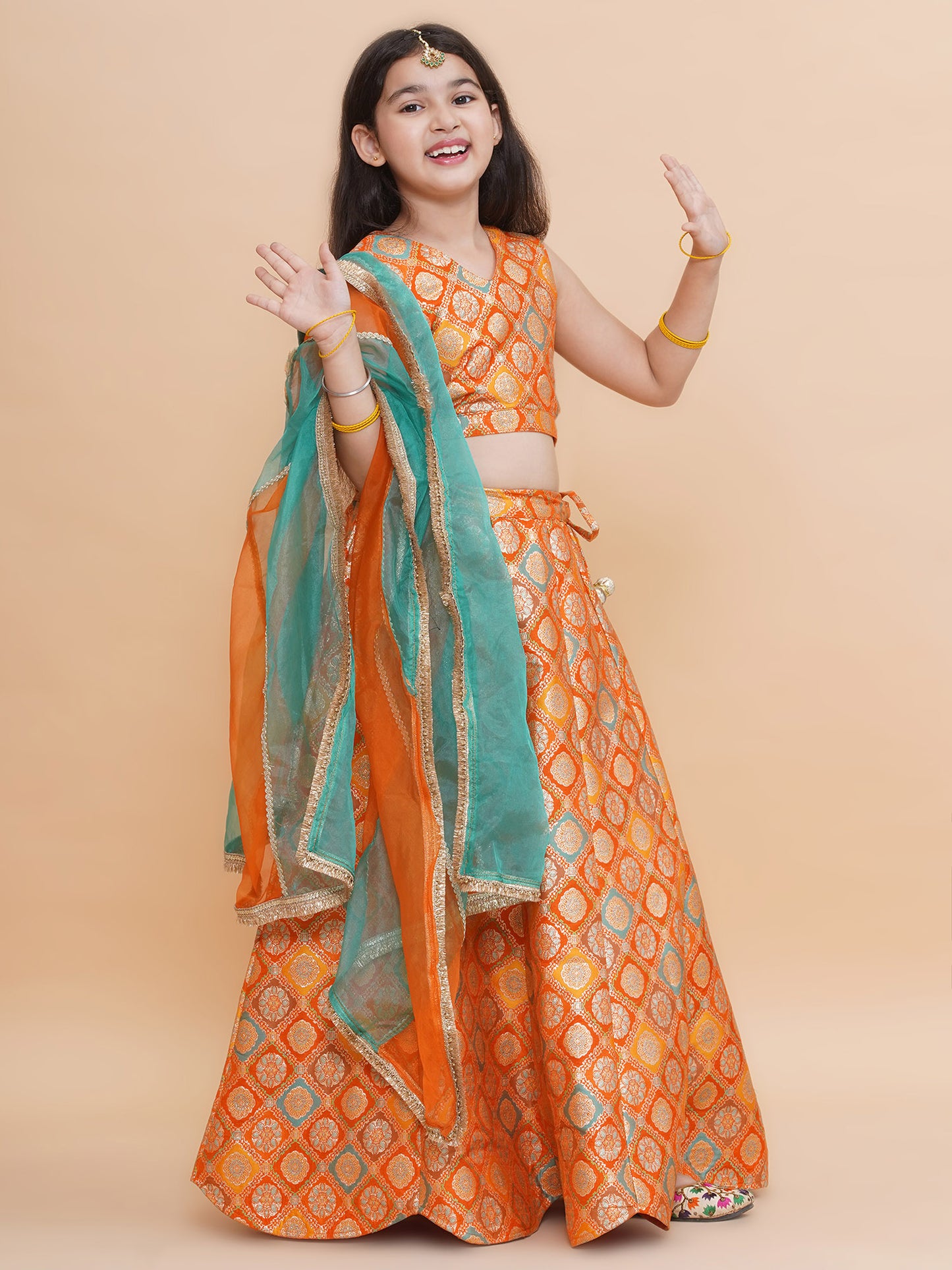 Piccolo-Silk Cut Out Blouse With Scalloped Lehenga And Organza Dupatta -Orange