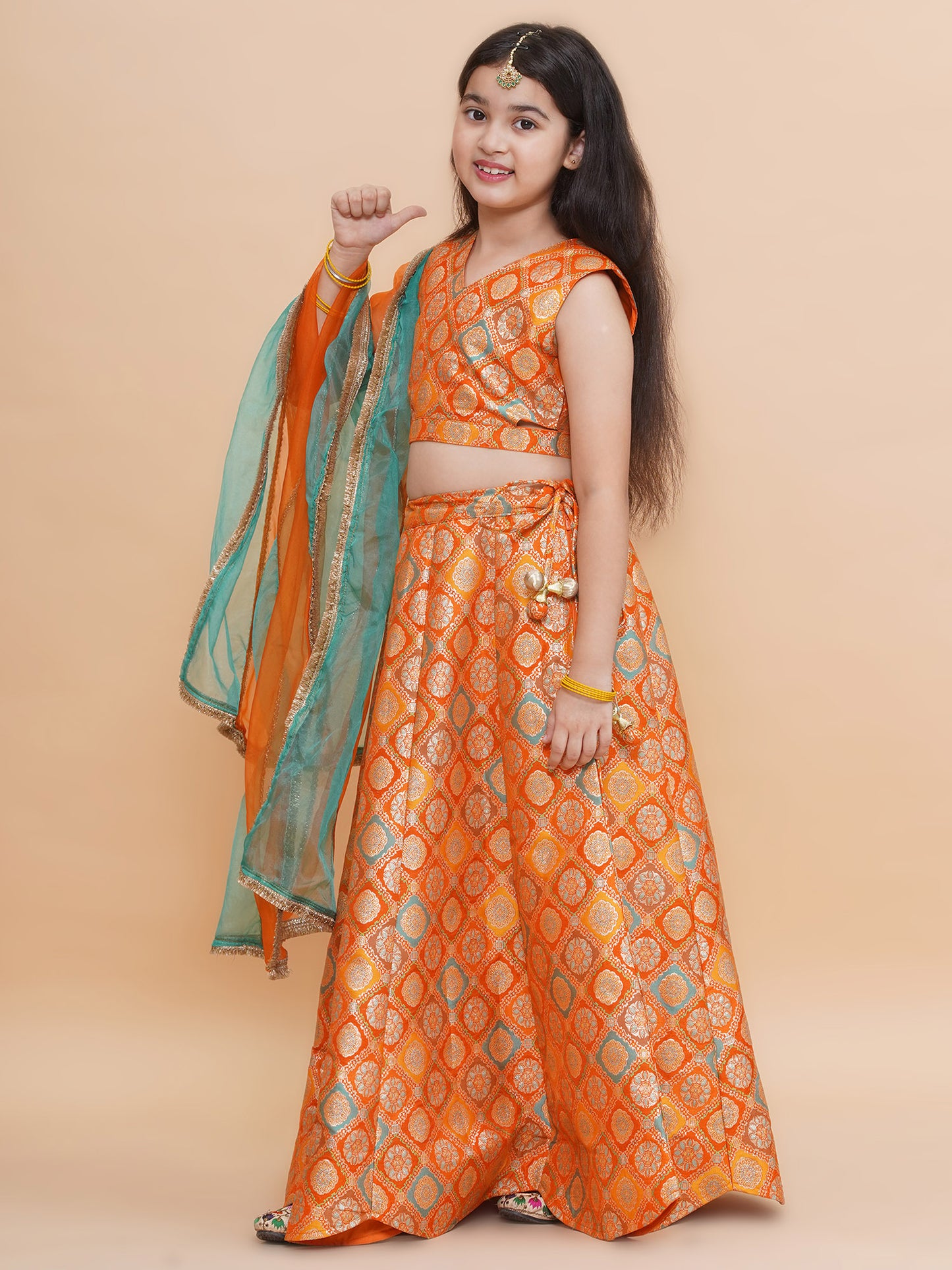 Piccolo-Silk Cut Out Blouse With Scalloped Lehenga And Organza Dupatta -Orange