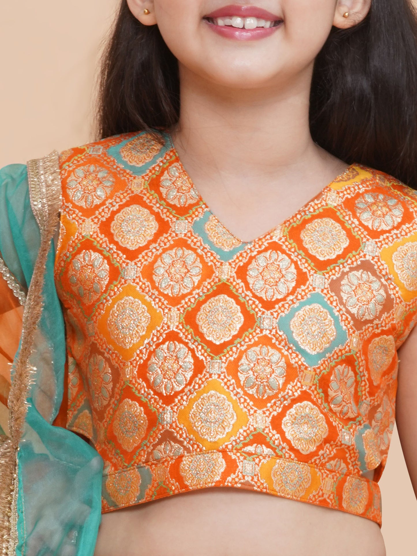 Piccolo-Silk Cut Out Blouse With Scalloped Lehenga And Organza Dupatta -Orange