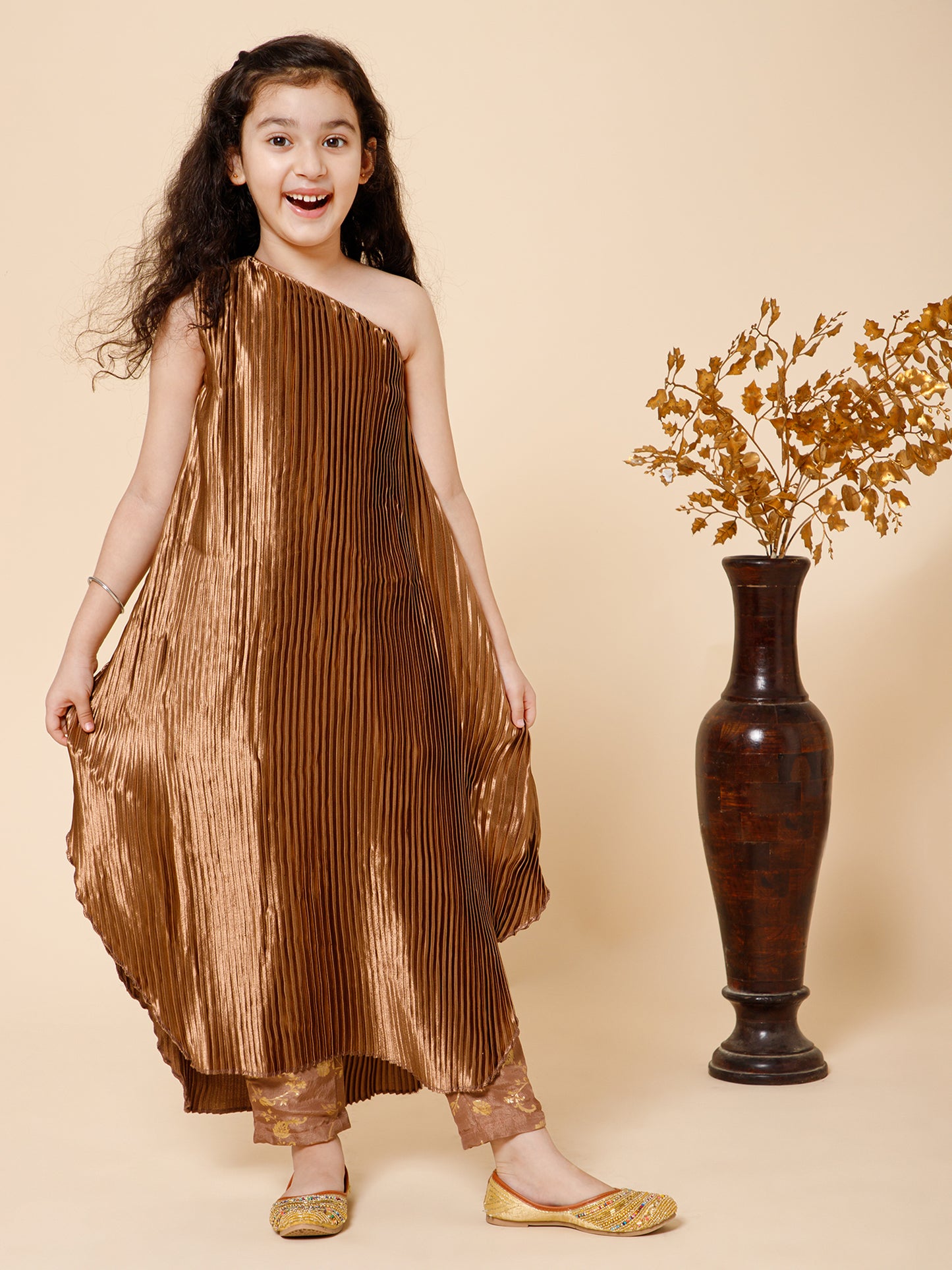 Piccolo-Pleated One Shoulder Kurta With Pant Set - Golden