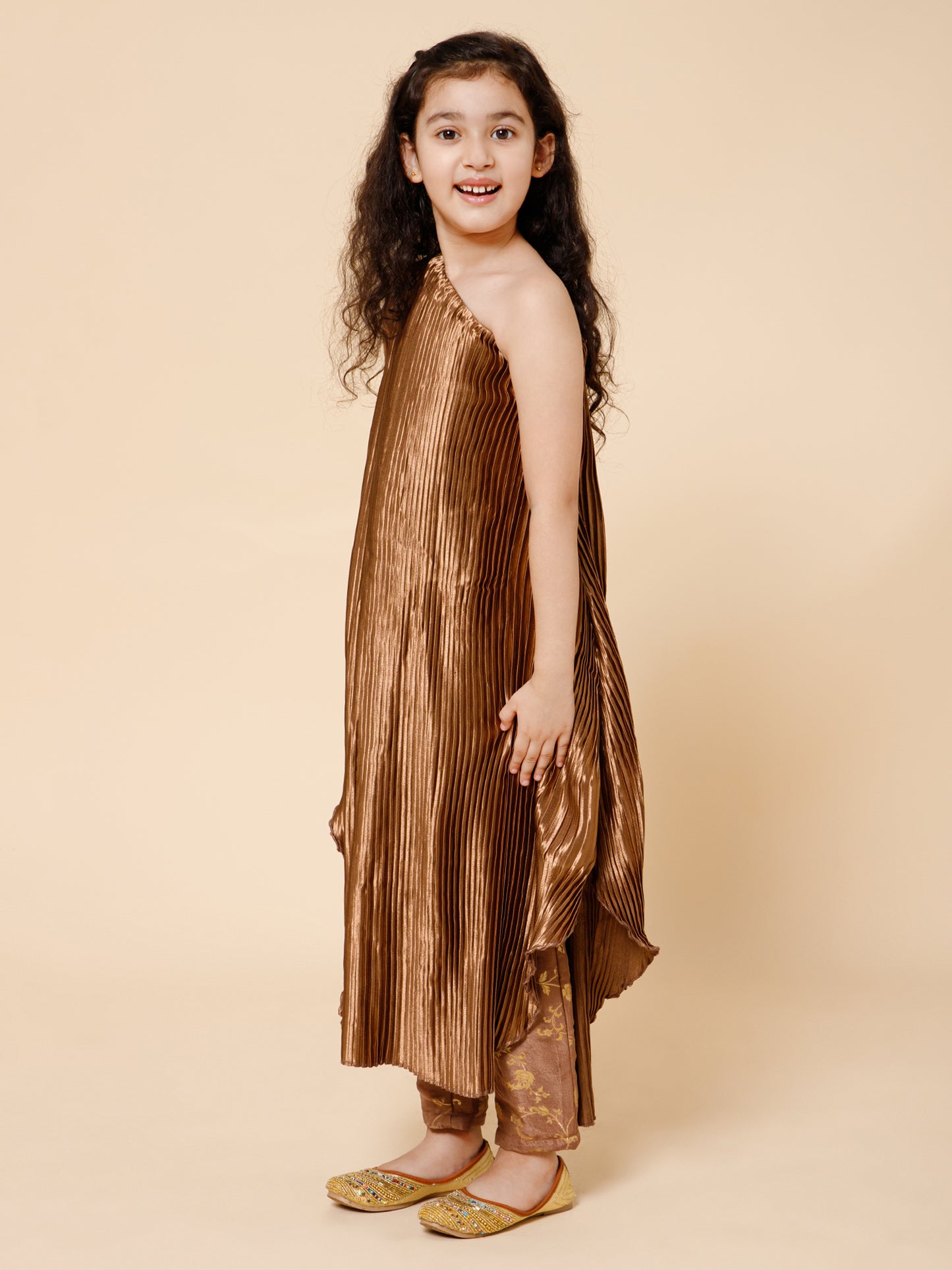 Piccolo-Pleated One Shoulder Kurta With Pant Set - Golden