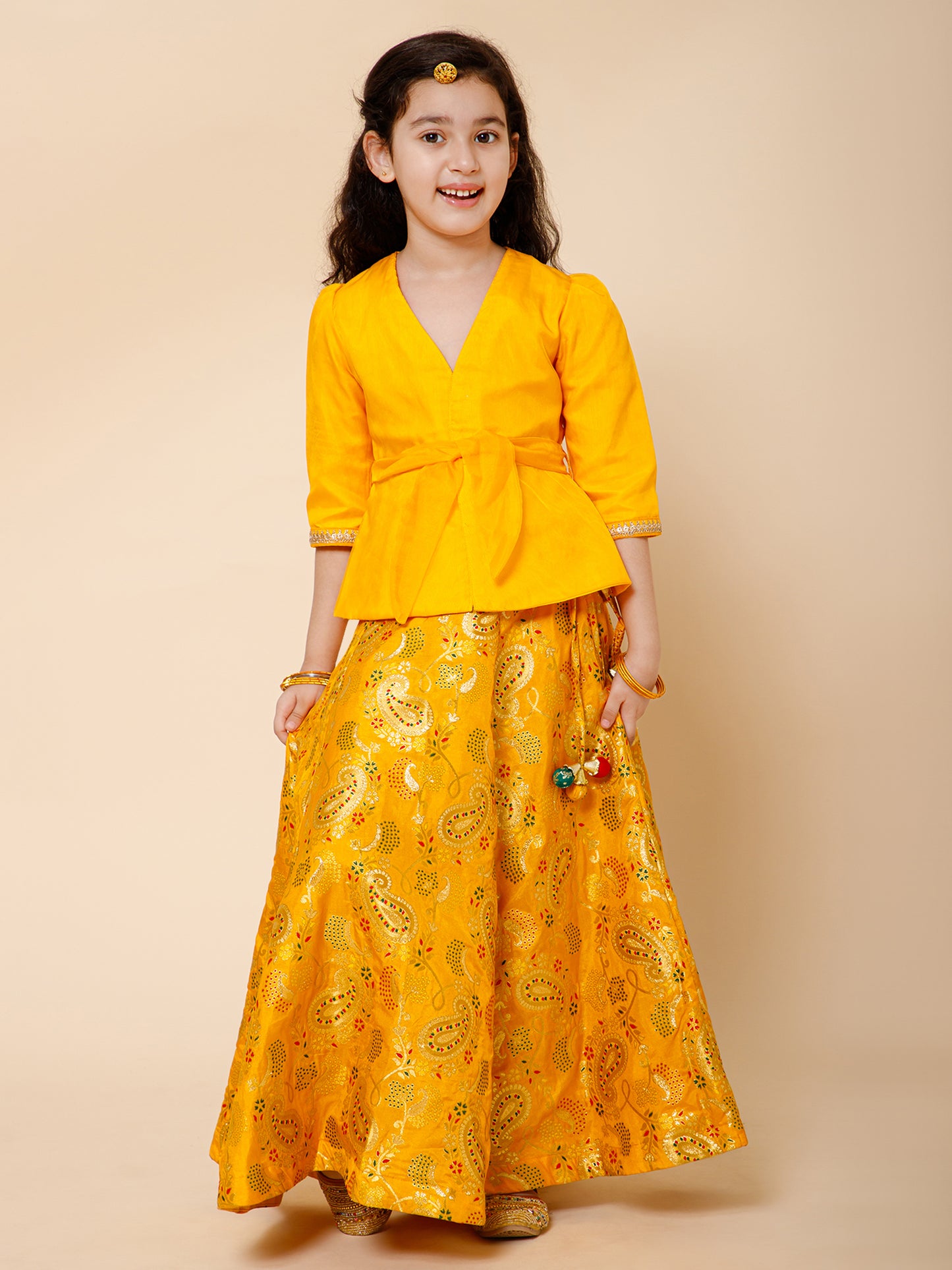 Piccolo-Banarasi Lehenga with Organza Tie Blouse-Yellow