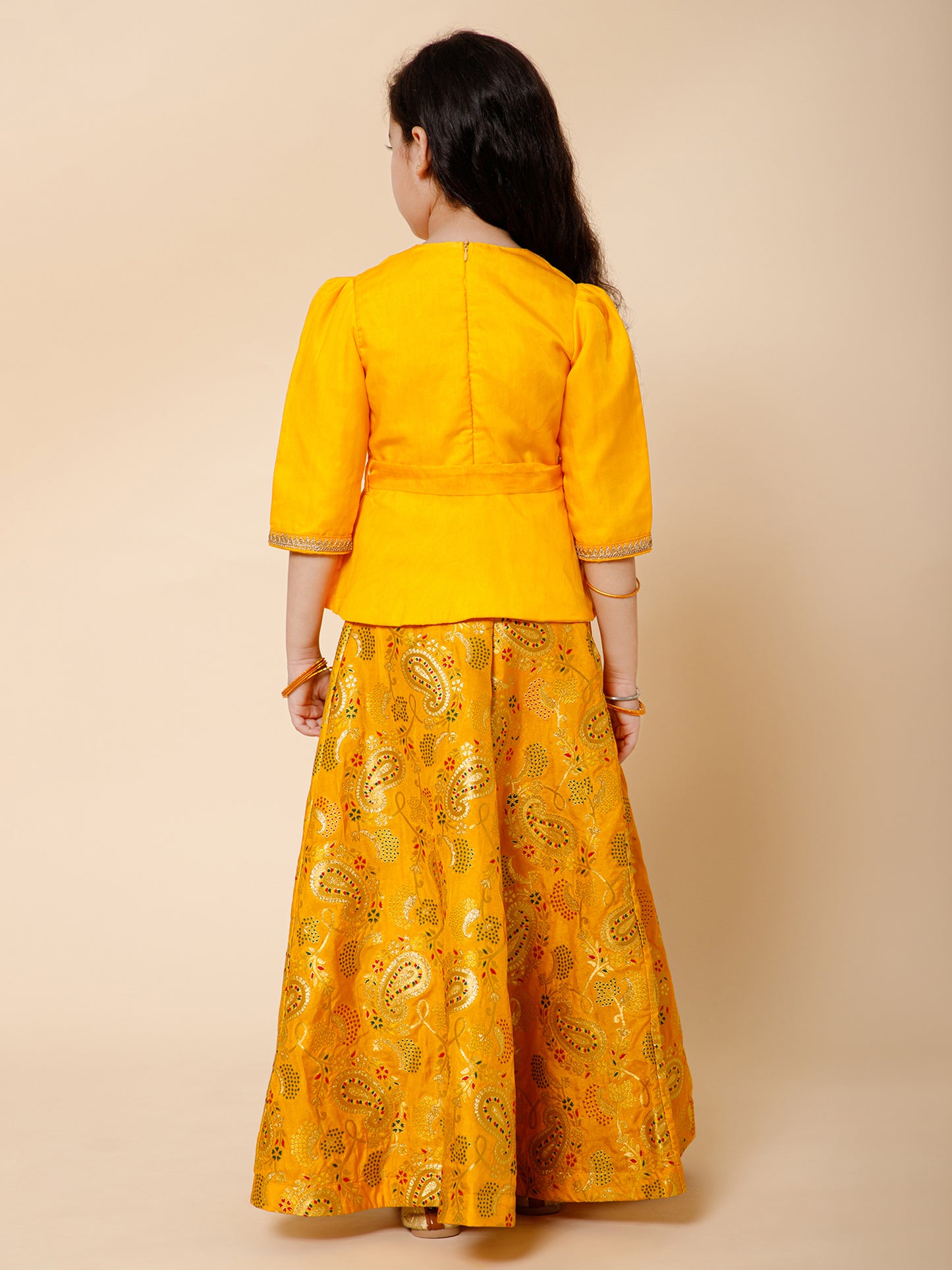 Piccolo-Banarasi Lehenga with Organza Tie Blouse-Yellow