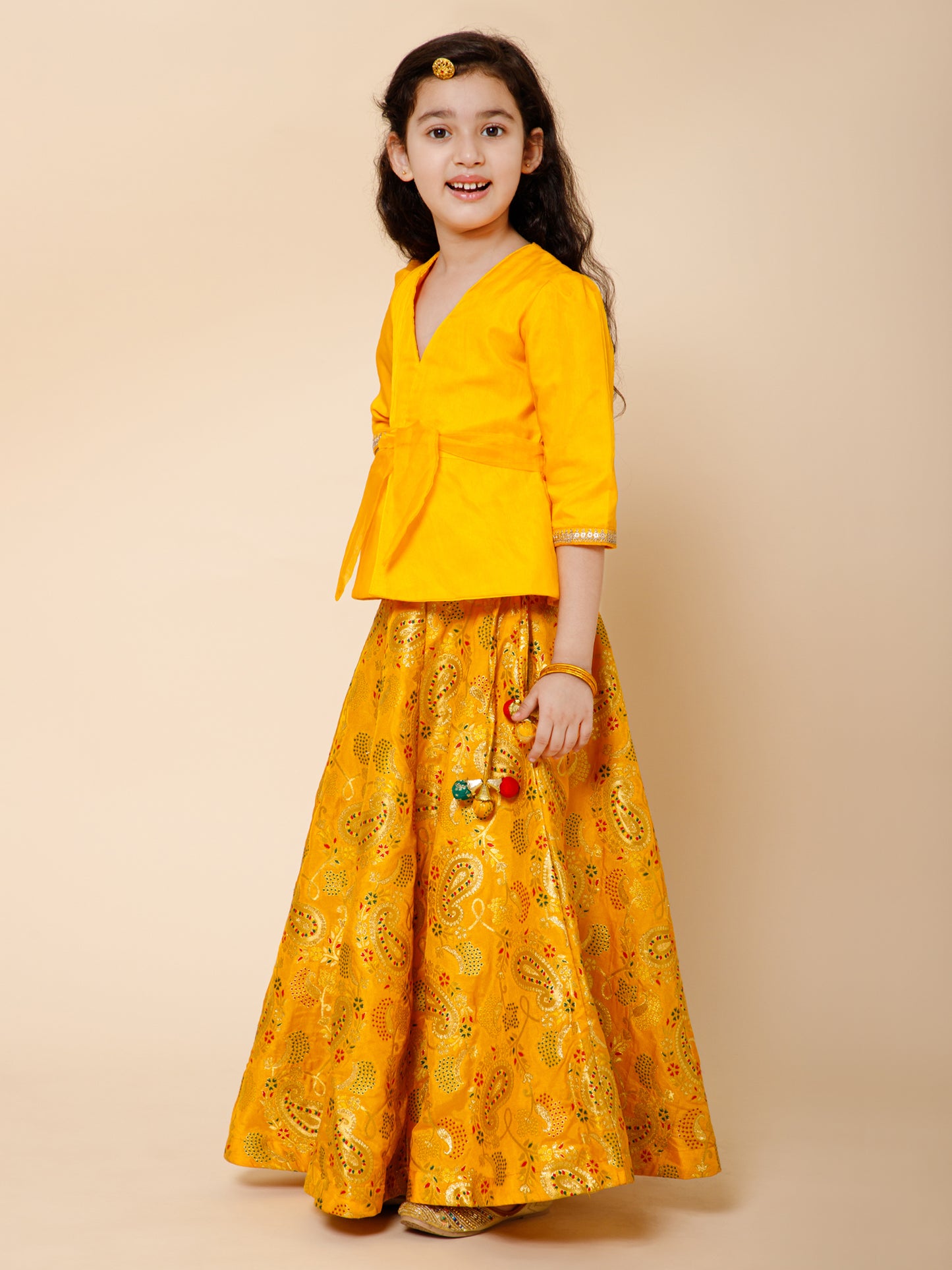 Piccolo-Banarasi Lehenga with Organza Tie Blouse-Yellow