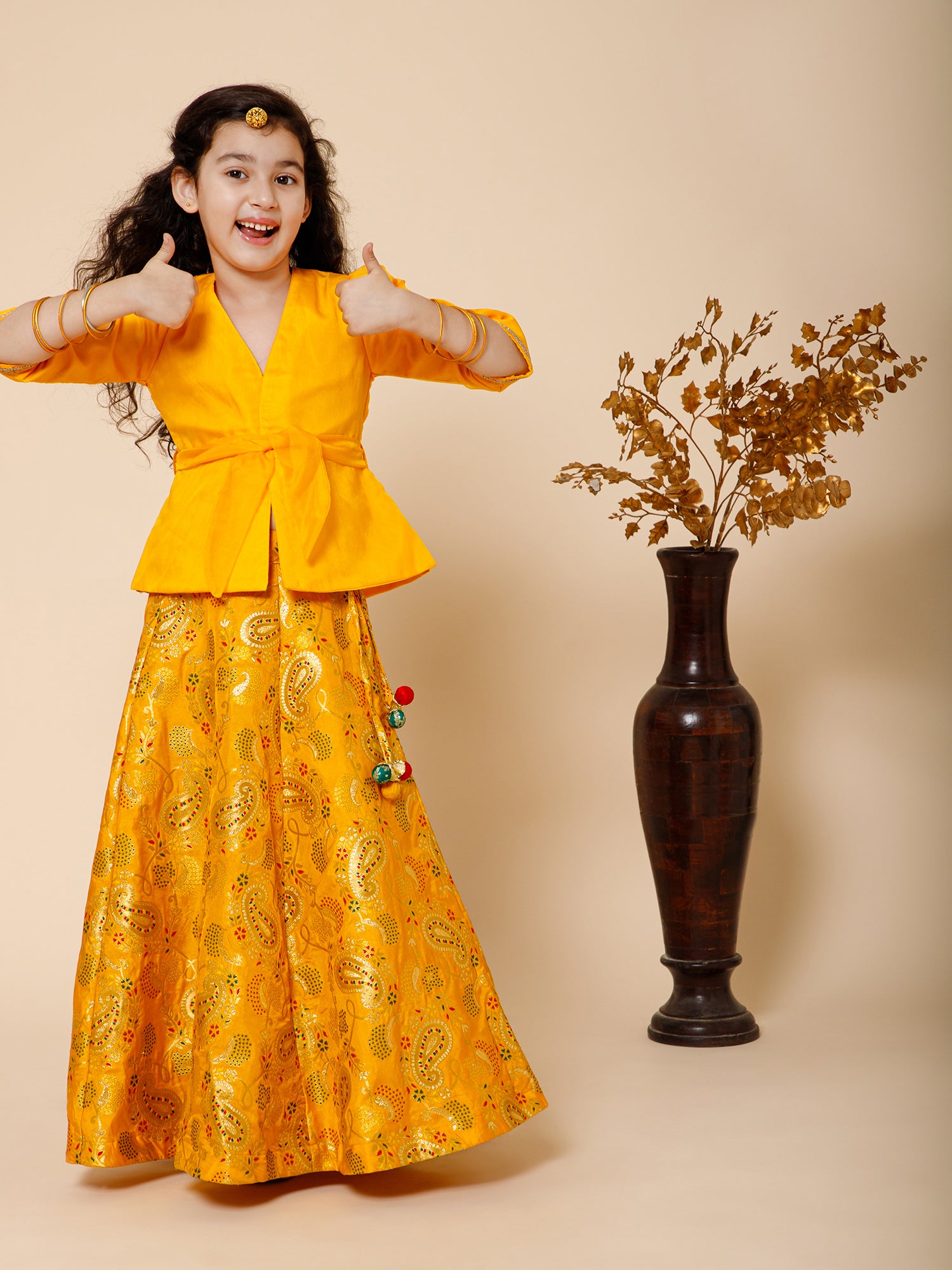 Piccolo-Banarasi Lehenga with Organza Tie Blouse-Yellow