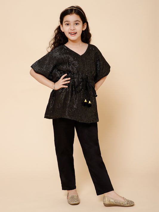 Piccolo-Zari Lining Kaftan And Pant Set-Black