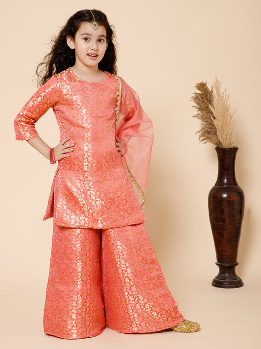 Piccolo-Silk Kurta Pallazzo Set With Organza Duppata-Pink