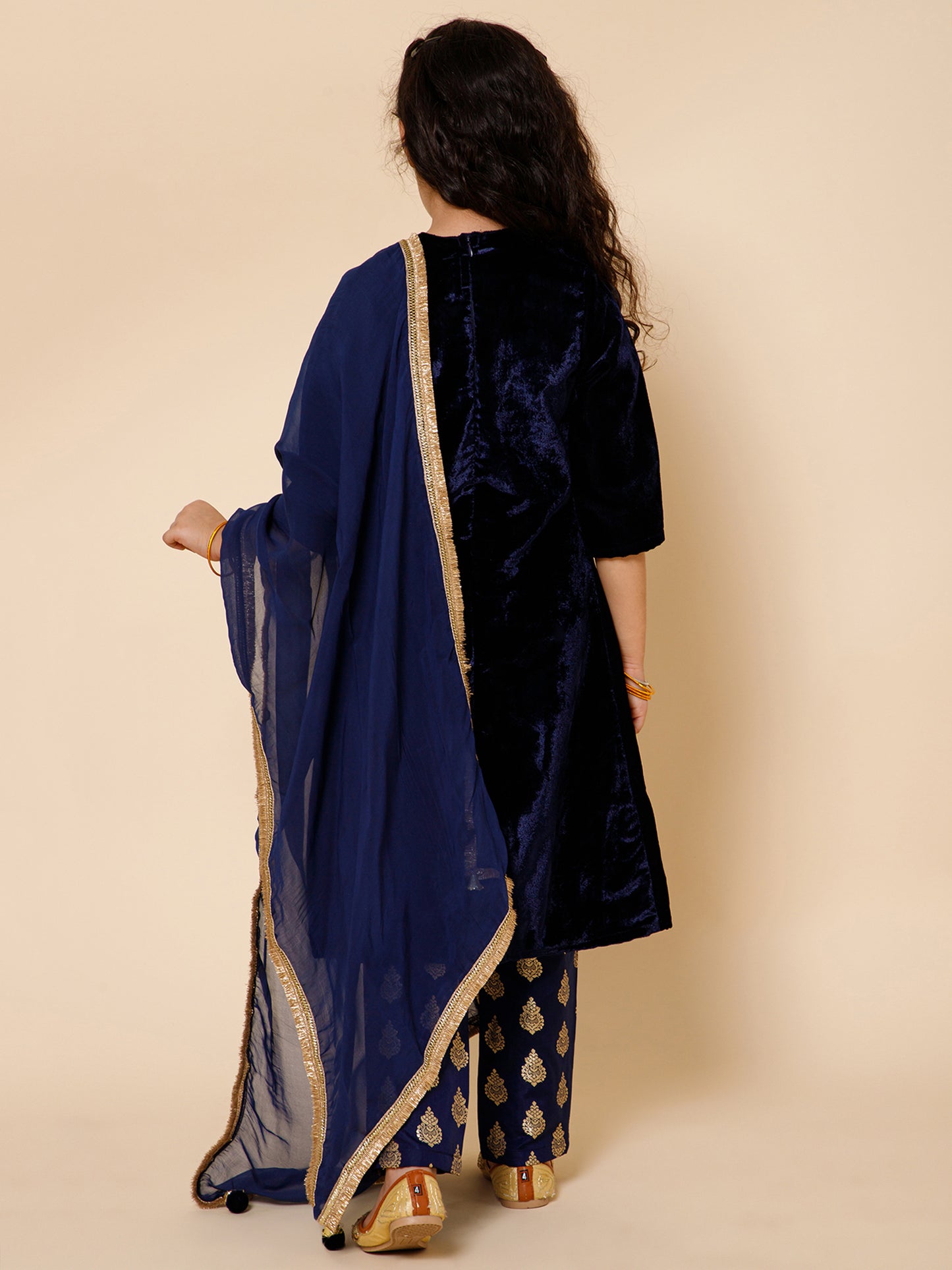 Piccolo-Velvet Kurta, Brocade Pants With Organza Duppatta-Navy Blue