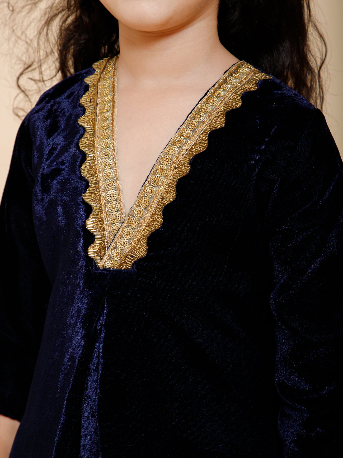 Piccolo-Velvet Kurta, Brocade Pants With Organza Duppatta-Navy Blue