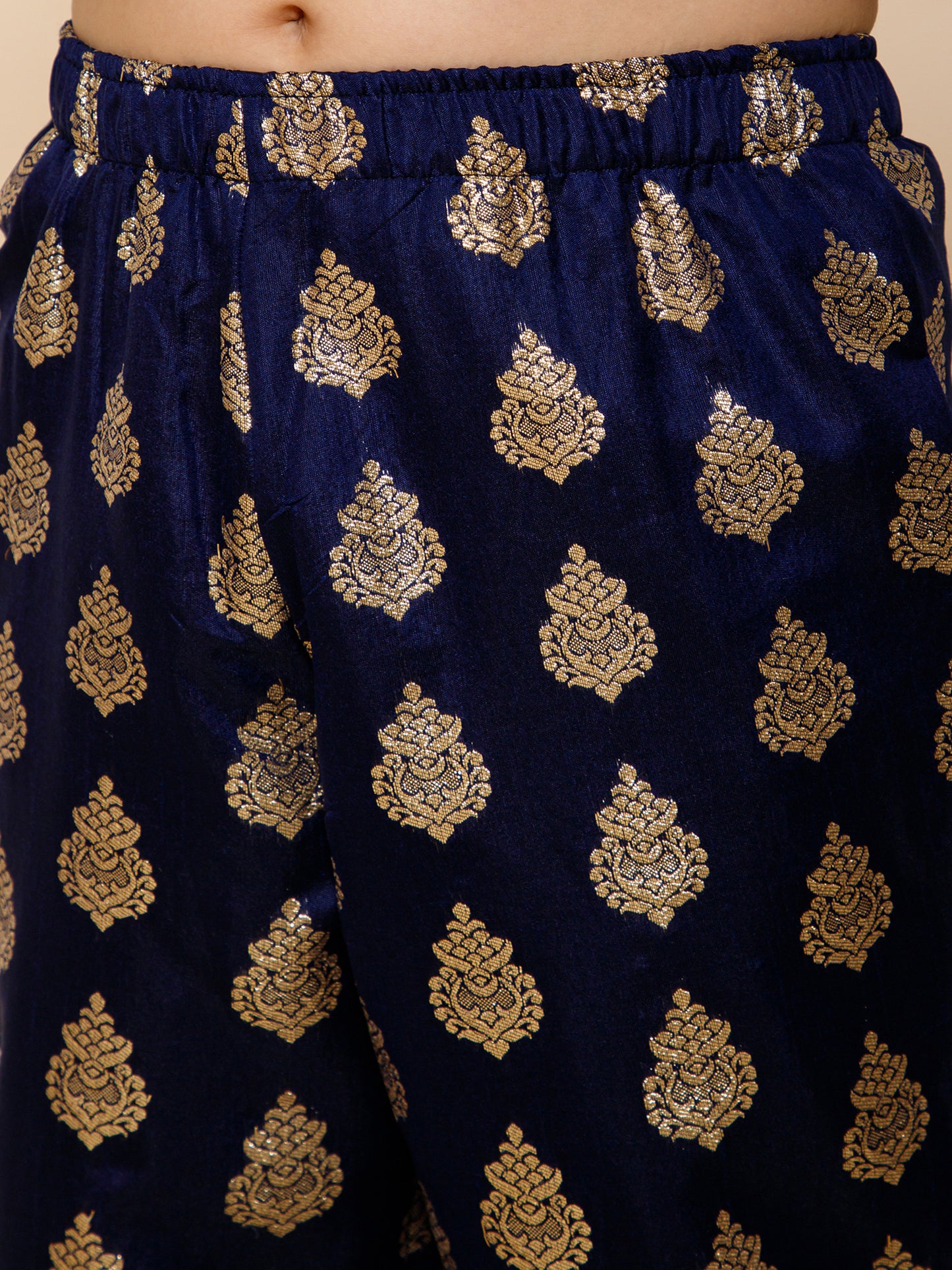 Piccolo-Velvet Kurta, Brocade Pants With Organza Duppatta-Navy Blue